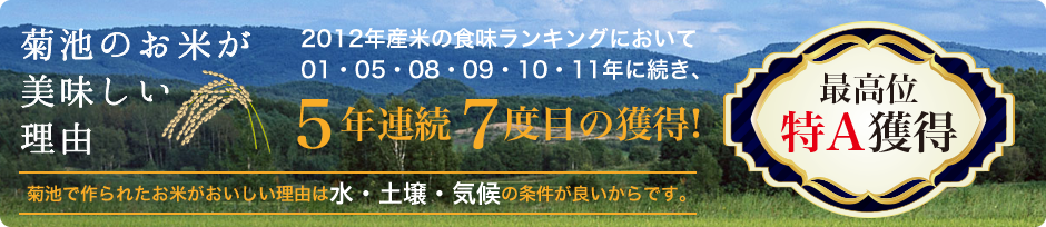 「最高位特A獲得！」菊池で作られたお米が美味しい理由は水・土壌・気候の条件が良いからです。2012年産の食味ランキングにおいて、01・05・08・09・10・11年に続き、5年連続7度目の獲得。